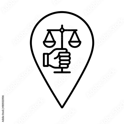 Thin-line black ethical values icon with hand holding scale inside capsule pin, transparent PNG, ideal for principles-based leadership and moral responsibility UI.