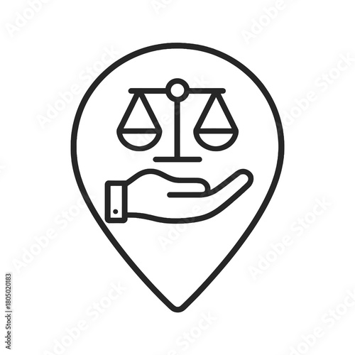 Minimal black morality symbol showing supportive hand beneath scale in shield marker, fine-outline vector, no shading, suited for trust and compliance dashboards.