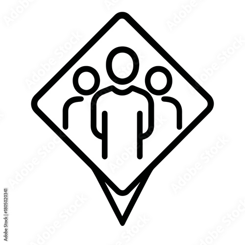 Minimal black soft skills symbol showing leader guiding group inside diamond marker, flat vector, no shading, used for management training and growth dashboards.