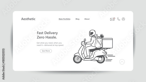 Fast Grocery Delivery Web Design Concept. Modern vector illustration of a delivery person on a scooter carrying groceries, symbolizing efficiency, convenience, and zero-hassle service.