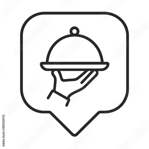 Minimal black serving tray with hand inside squared marker, fine-line vector with no shading, perfect for dining service locator and commercial restaurant apps.