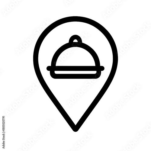Minimalist black meal service dome symbol within a pin marker, vector icon with simple geometry and no shading, suitable for restaurant locator and mobile design.