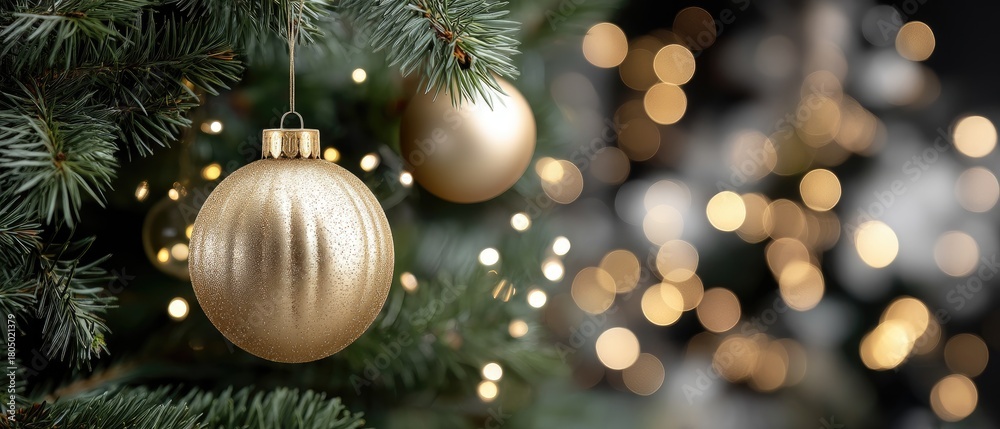 Obraz premium A shiny golden ornament dangles from a pine branch, surrounded by soft warm lights, creating a cozy holiday atmosphere