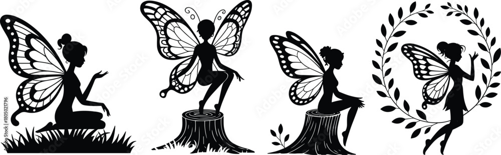 Naklejka premium Black silhouette vector collection of fantasy fairies with butterfly wings sitting on tree stump and framed by a wreath.