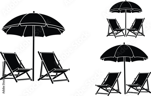 Silhouettes of beach umbrellas with deck chairs, summer vacation seaside relaxation furniture set for travel, holiday resort and outdoor design