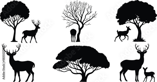 Black silhouette vector collection of deer, stags with antlers, and fawns standing next to different trees in forest.