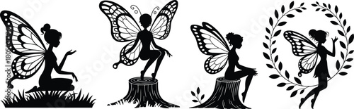 Black silhouette vector collection of fantasy fairies with butterfly wings sitting on tree stump and framed by a wreath.