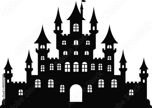 Black silhouette vector of a magical fantasy fairy tale castle with towers, battlements, and arched windows illustration.
