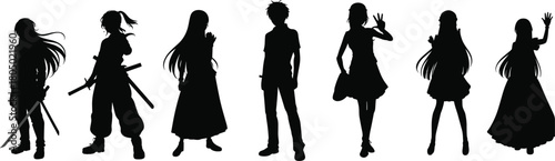 Black silhouette vector of anime style characters including fantasy warriors, casual youth, and cute girls waving.