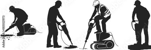 Black silhouette vector of construction workers using jackhammers and heavy demolition equipment on road site illustration set.
