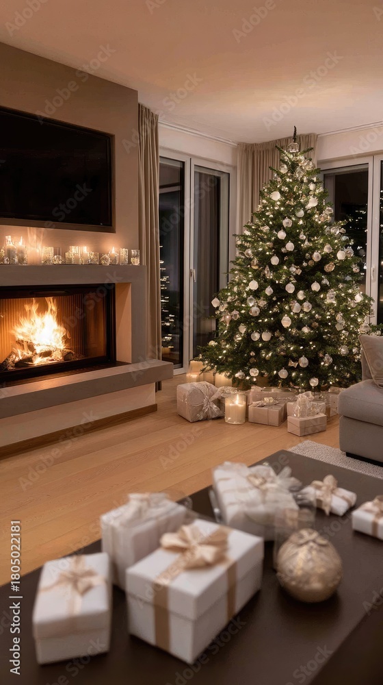 Fototapeta premium A cozy cabin interior showcases a beautifully decorated Christmas tree, a glowing fireplace, and colorful presents stacked nearby