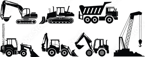 Black silhouette vector set of heavy construction vehicles, equipment, machinery, crane, dump truck, and bulldozer icons.