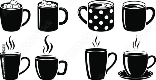 Collection of black and white silhouette icons of hot coffee and tea mugs with steam vector set illustration graphic.