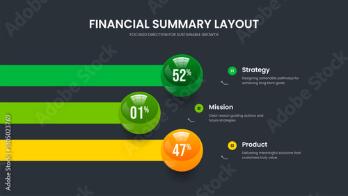 Professional Launch 3 Step Infographic Presentation Design. Elegant Strategy Three Option Chart Frame Layout. Service Introduction Slide Template Vector Illustration.