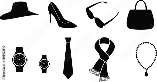 Fashion accessory silhouette vector set with hat, shoe, sunglasses, handbag, watch, necktie, scarf, and necklace icons
