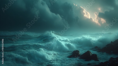 Fototapeta Naklejka Na Ścianę i Meble -  Dramatic stormy ocean with huge turquoise waves crashing against dark rocks.