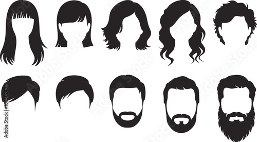 Hairstyle and beard silhouette vector set with diverse hair types, facial styles, grooming icons, and character design elements