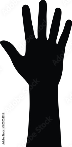 Black silhouette of a raised hand with five fingers Keywords: hand, silhouette, raised, open
