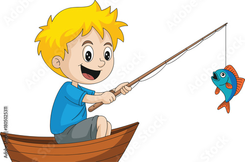 Happy little cartoon boy sitting in a wooden boat fishing and catching a blue fish in flat vector illustration style.