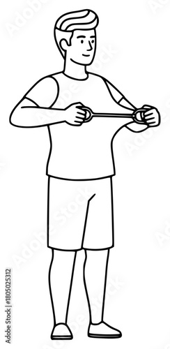 A line drawing of a man adjusting his shirt while standing, broom, brush, catch, comb, hand, illustration, man, measuring tape, muscle, stand, tool, waist, whisk, against transparent background
