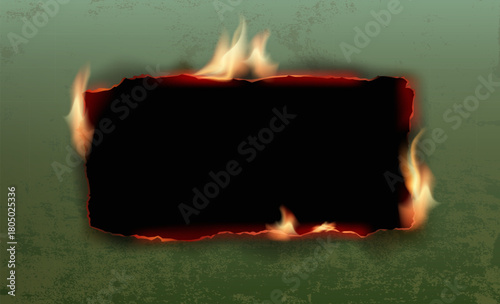 Burnt and smoldering metal edges effect. A hole from melting iron. Vector illustration.