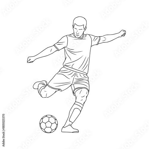 A line drawing of a soccer player kicking a ball, ball, football, football player, illustration, kick, man, play, sports ball, against transparent background