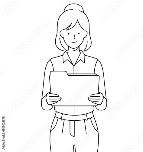 A line drawing of a woman holding a clipboard in an office setting, business woman, catch, clipboard, folder, hand, illustration, read, stand, waiting room, woman, against transparent background