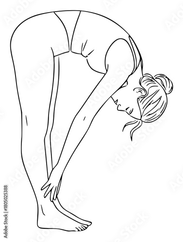 A line drawing of a woman performing a yoga pose, athletic, bend, drawing, girl, gymnast, handstand, illustration, leotard, pose, stretch, swimwear, woman, yoga, against transparent background