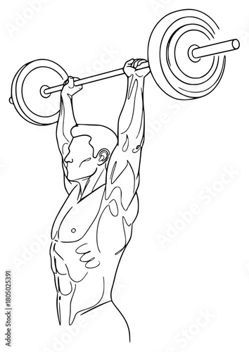 A line drawing of a muscular man lifting a barbell, emphasizing his strength and flexibility, barbell, bull, catch, head, illustration, lift, man, muscle, weight, against transparent background