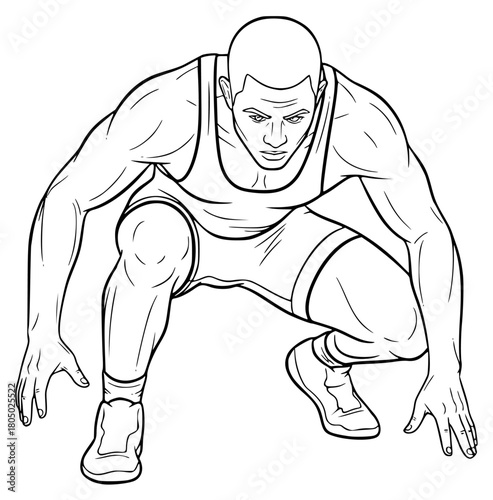 A black and white line drawing of a muscular man in a sports outfit, squatting, athlete, athletic, bend, bodybuilder, illustration, man, muscle, squat, against transparent background