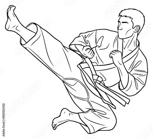 A line drawing of a man in a kimono performing a kick, art, belt, black, drawing, illustration, karate, kick, kimono, man, martial, mat, robe, samurai, sketch, against transparent background