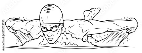 A black and white line drawing of a swimmer in a backstroke race, drawing, goggles, illustration, lay, man, sea, sketch, swimmer, against transparent background