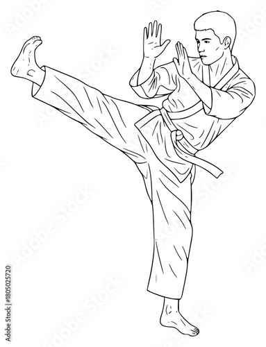 A line drawing of a man practicing karate, striking a kick, art, belt, black, drawing, hand, illustration, karate, kick, kimono, man, martial, robe, sketch, against transparent background
