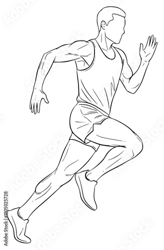 A line drawing of a man running in a sleeveless sports uniform, athlete, athletic, ball, basketball player, drawing, illustration, jog, man, muscle, run, runner, sketch, against transparent background