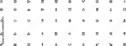 Set of outline icons representing renewable energy, recycling, and green technology themes.