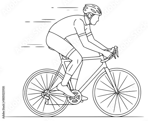 A line drawing of a cyclist riding a bicycle, bicycle, bicycle helmet, biker, cycle, helmet, illustration, man, ride, against transparent background