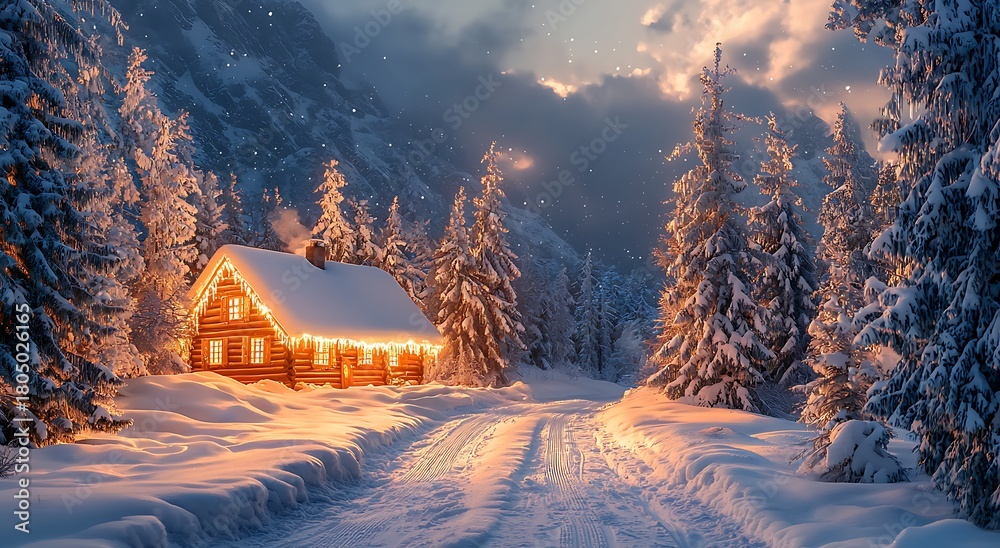 Fototapeta premium Snowy forest cabin illuminated softly with warm festive Christmas decorations image