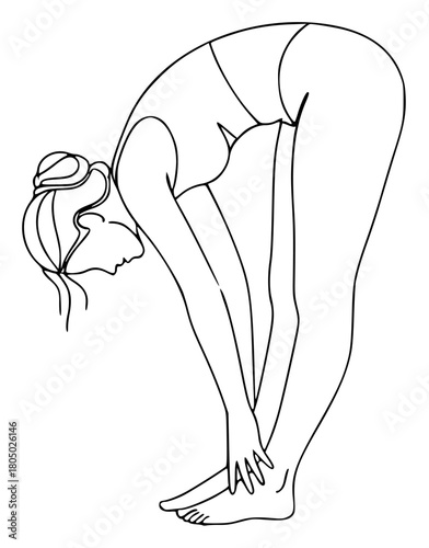 A continuous line drawing of a woman performing a yoga pose, athletic, bend, floor, girl, gymnast, handstand, illustration, leotard, pose, stretch, swimwear, woman, against transparent background
