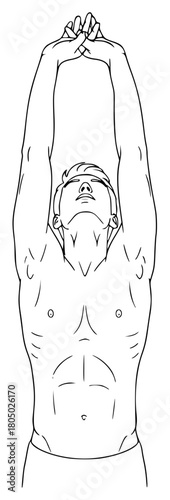 A line drawing of a man stretching his arms above his head, arm, athletic, bodybuilder, catch, drawing, hand, head, illustration, lift, man, muscle, stretch, against transparent background