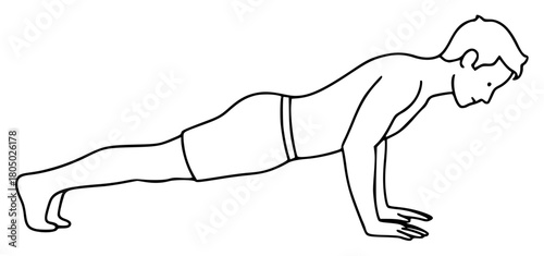 A line drawing of a man performing a plank exercise, athletic, back, bend, exercise, floor, illustration, man, muscle, plank, pose, squat, stretch, woman, against transparent background