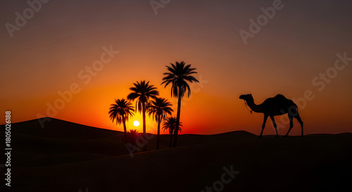 Fototapeta Naklejka Na Ścianę i Meble -  Camel walking past palm trees and desert dunes at vibrant sunset