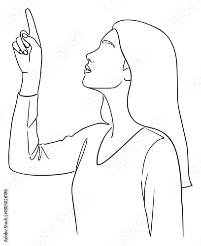A continuous line drawing of a woman with long hair, raising her finger upwards, beautiful, catch, girl, hand, illustration, point, profile, woman, against transparent background