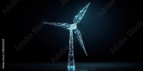 Digital wind turbine design with glowing wireframe structure in dark background representing renewable energy technology