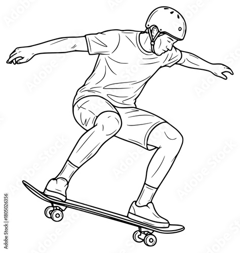 A line drawing of a skateboarder performing a trick, boy, helmet, illustration, man, ride, skate, skateboard, skateboarder, sketch, trick, against transparent background