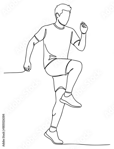 A continuous line drawing of a man running with a skipping rope, ball, football player, illustration, kick, man, against transparent background