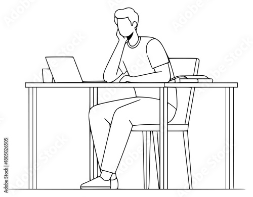 A line drawing of a man sitting at a desk with a laptop, thoughtfully focused, businessman, computer, illustration, jaw, job, laptop, man, sit, stool, table, against transparent background