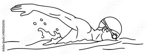 A line drawing of a swimmer in a backstroke race, dive, illustration, man, person, sea, surfboard, swim, swimmer, swimwear, water, wave, wetsuit, against transparent background