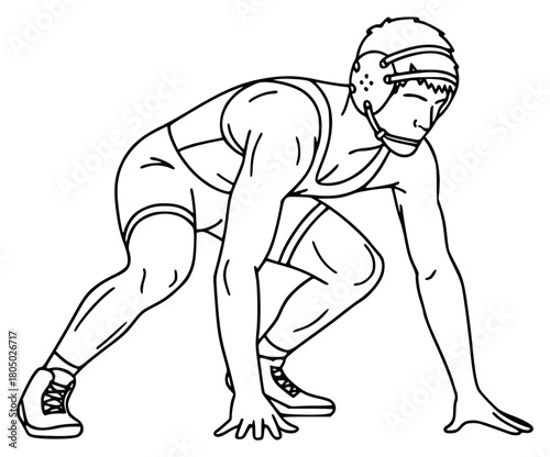 A line drawing of a male wrestler in a squatting position, athletic, bend, goggles, illustration, man, muscle, swimmer, wrestle, wrestler, against transparent background