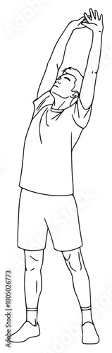 A line drawing of a man stretching his arms, ball, black, boy, catch, hand, illustration, man, play, swinge, tennis player, tennis racket, volleyball player, against transparent background