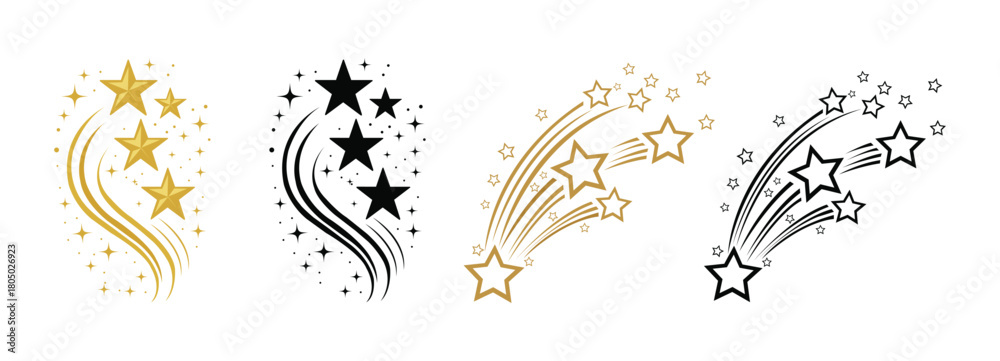 Fototapeta premium Shooting stars icon set. Gold and black meteor trail vector collection